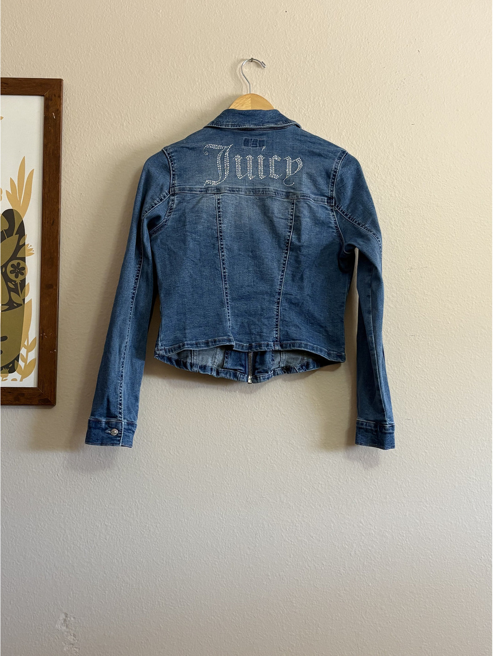 Y2K Juicy Couture Blue Denim Jacket with White Rhinestone Design Large